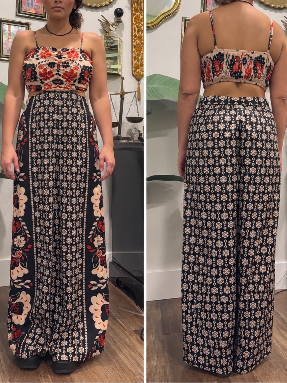 SHEIN Black Wide-Leg Jumpsuit with Red & Cream Floral Print